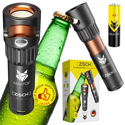 AMAFOX G1 ZISCH - Die Flaschenöffner LED Taschenlampe! Perfekt für Bierliebhaber und Handwerker | Stilvolle schwarze Taschenlampe mit integriertem Flaschenöffner, inkl. 2x AA Batterie von AMAFOX