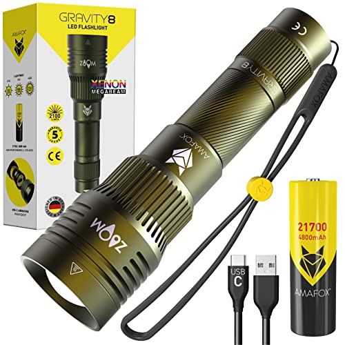 AMAFOX G8-2100 Lumen XENON Megabeam - LED Taschenlampe | 21700 mAh Akku - Militärgrün - Extrem Hell | mit USB C aufladbar von AMAFOX