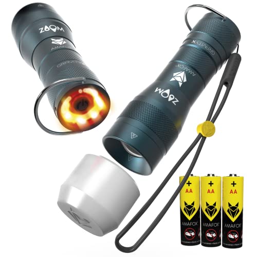 AMAFOX GX Backlight - AA Batteriebetrieben Notfall LED Taschenlampe - DIE INNOVATION, rotes Rücklicht + Diffusor - Petrolblau | Extrem Hell, dimmbar mit Zoom - inkl. 3x AA Batterien von AMAFOX
