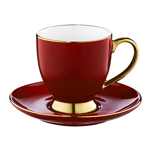 AMBITION Teetasse auf Untertasse Porzellan 220 ml Kaffeebecher Porzellanbecher Tee Cappuccino Milch rot gold von AMBITION