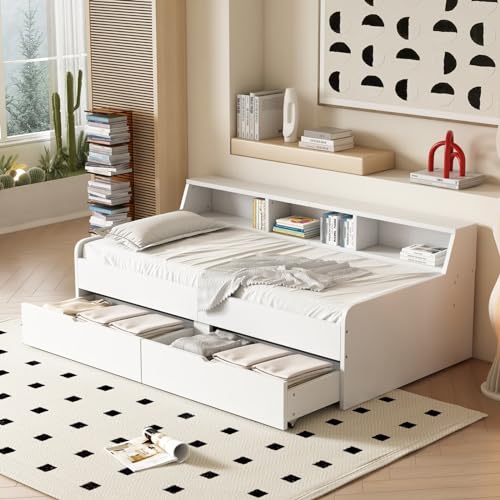 AMDXD 90x200 cm Tagesbett, Einzelbett mit Zwei Schubladen, Gästebett Jugendbett mit Staufach, Weiß von AMDXD