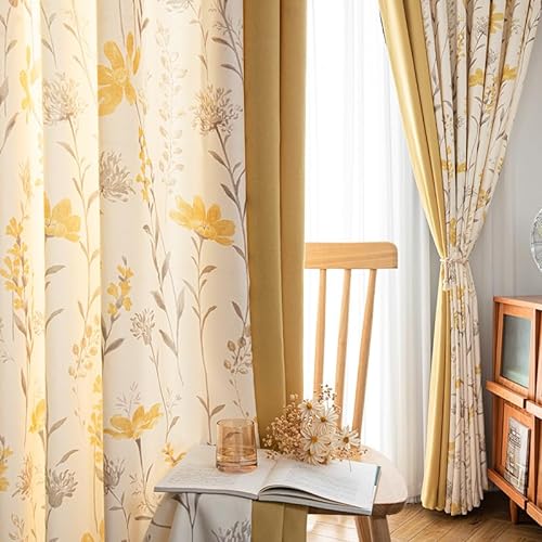 AMDXD Gelb Vorhang Gardinen Schlafzimmer mit Kräuselband, Blatt und Blumen Muster Vorhang für Fenster Polyester, 132x160CM(BxH) von AMDXD