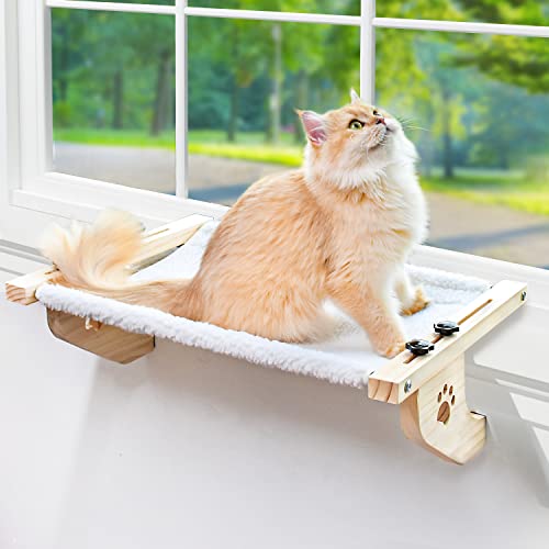AMOSIJOY Katzenbank-Fensterstange, stabile Katzenhängematte, Fenstersitz mit Holz- und Metallrahmen für große Katzen, einfach zu verstellendes Katzenbett für Fensterbank, Nachttisch, Schublade und von AMOSIJOY