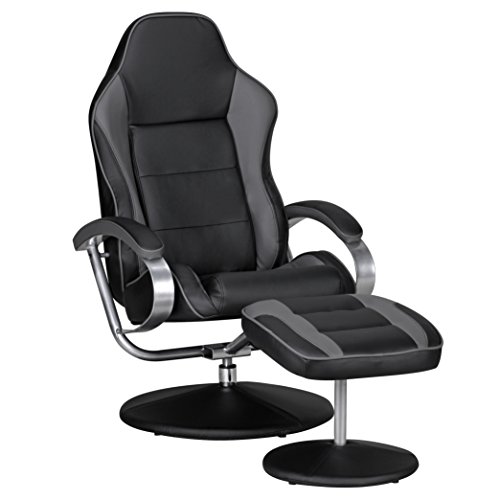 Amstyle Fernsehsessel Design TV Relax-Sessel verstellbar Racing Modern Bezug Kunstleder schwarz/grau drehbar mit Hocker 110 kg mit Armlehnen und Hocker Gaming Sessel ohne Motor von Amstyle