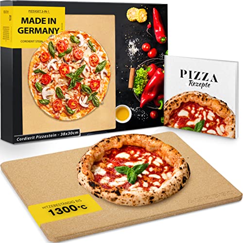 AMZBBQ® Premium Pizzastein - 100% Made in Germany - für Backofen & Gasgrill bis 1300°C - 2er Set inkl. Rezeptbuch von AMZBBQ
