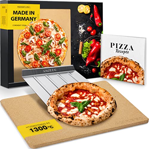 AMZBBQ® Premium Pizzastein - 100% Made in Germany - für Backofen & Gasgrill bis 1300°C - 3er Set inkl. Edelstahl Pizzaschieber & Rezeptbuch von AMZBBQ