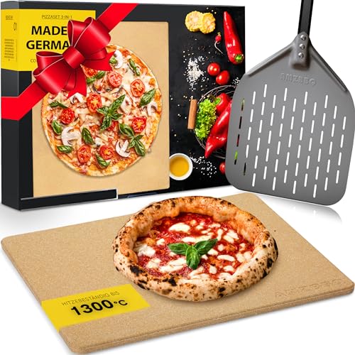 AMZBBQ® Premium Pizzastein - 100% Made in Germany - für Backofen & Gasgrill bis 1300°C - 3er Set mit perforiertem Pizzaschieber aus Harteloxal von AMZBBQ