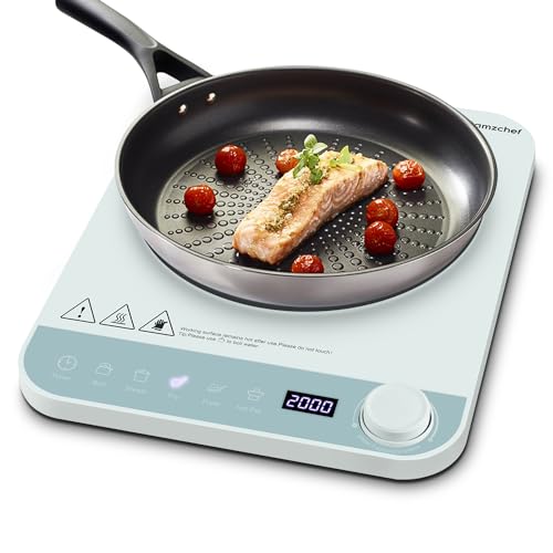 AMZCHEF Einzel Induktionskochplatte, Induktionskochfeld 1 Platte mit Schlankem Design, Elektronischer Drehknopf, 5 automatische Modi, 10 Leistungs- und Temperaturstufen, Zeitschaltuhr, 2000W, Blau von AMZCHEF