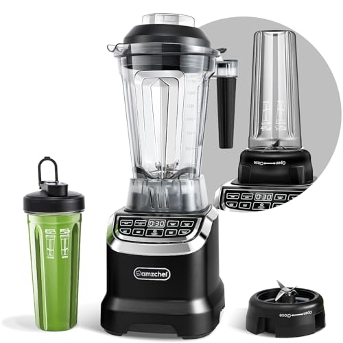 AMZCHEF Mixer Smoothie Maker - 2000W Blender - Mixer Hochleistungsmixer mit LED Zeitanzeige - 6 Pro-Scharfe 3D Klingen - 22000 U/Min Standmixer - 1,85 Liter Flasche und 600ml Tragbare Flasche von AMZCHEF