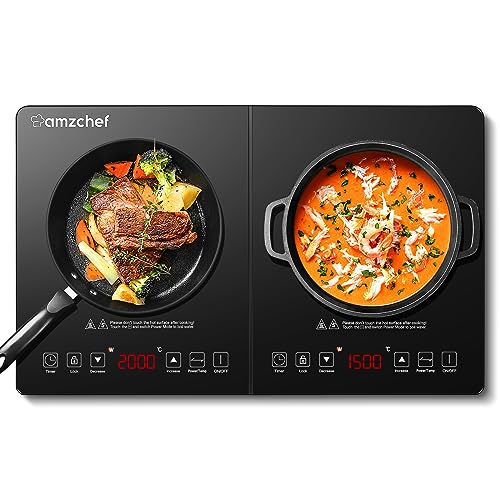 AMZCHEF induktionskochplatte 2 platten mit separaten Steuerelementen, 10 Temperaturstufen, Einstellbarer Leistungsbereich, 3500W Induktionskochplatte doppelt mobil, Sicherheitssperre, Timer 180 Min von AMZCHEF