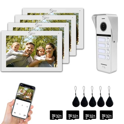 1080P Video-Türsprechanlage (verkabelte Türklingel), 4-Familien-Türklingel, 7-Zoll-Touchscreen-Display, Entriegelungsunterstützung, Zwei-Wege-Sprechanlage (Weiß) von ANJIELO SMART