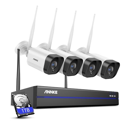ANNKE 10CH 5MP Funk Überwachungskamera Set Aussen mit 4 X 5MP Überwachungskamera,Intelligente Personenerkennung, Zwei-Weg-Audio, IP67 Wasserdicht, kompatibel mit Alexa, mit 1TB Festplatte von ANNKE