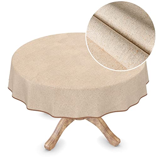 Wachstuchtischdecke Textil Tischdecke Wachstuch abwaschbar Leinenoptik Beige Uni Nachhaltig Rund 140cm von ANRO