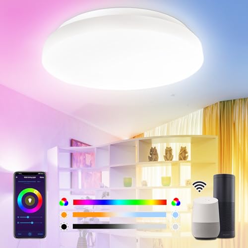ANTELA Alexa Deckenlampe LED WLAN 20W 2000LM Smart Deckenleuchte Kompatibel mit Google Home, RGB Warmweiß (2700K) Kaltweiß (6500K) für Badezimmer Balkon Flur Küche Wohnzimmer, Φ26cm von ANTELA