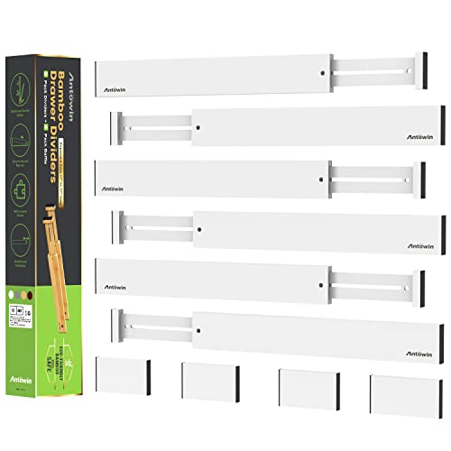 ANTOWIN Bambus-Schubladen-Trennwände, Schubladen-Trenner, 43.2–55.9 cm lang, verstellbar, federbelastet, Organizer für große Utensilien, Werkzeugschubladen(weiß) von ANTOWIN