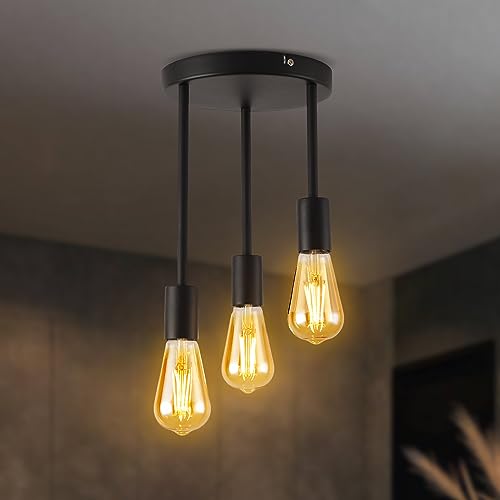 ANWIO LED Deckenstrahler 3 Flammig Rund Schwarz, Hängend Deckenleuchte Vintage Deckenlampe E27 Industrial Deckenspots für Esszimmer Küche Flur Wohnzimmer (ohne Leuchtmittel) EUC-EA190814-27-03CB-1U von ANWIO