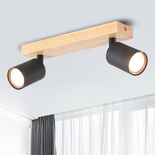 ANWIO LED Deckenstrahler Schwarz Holz Deckenstrahler 2 Flammig Deckenlampe GU10 Deckenleuchte LED deckenlampe schwarz Vintage Wandlampe für Wohnzimmer Schlafzimmer Küche kinderzimmer Ohne Leuchtmittel von ANWIO