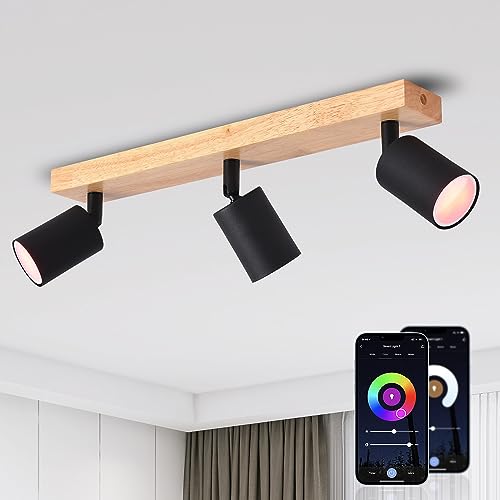 ANWIO LED Deckenstrahler Schwarz Holz Deckenstrahler 3 Flammig Deckenlampe GU10 Deckenleuchte LED deckenlampe schwarz Vintage Wandlampe mit 5W SmartBirne für Wohnzimmer Schlafzimmer Küche kinderzimmer von ANWIO