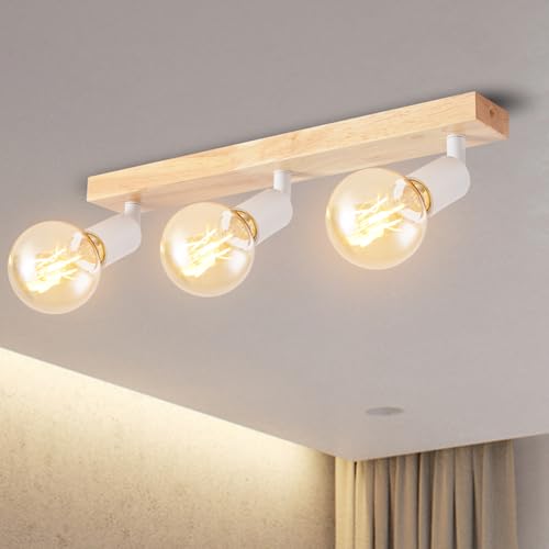 ANWIO LED Deckenstrahler Weiß Holz Deckenstrahler 3 Flammig Deckenlampe E27 Deckenleuchte LED deckenlampe schwarz Vintage Wandlampe für Wohnzimmer Schlafzimmer Küche kinderzimmer Ohne Leuchtmittel von ANWIO