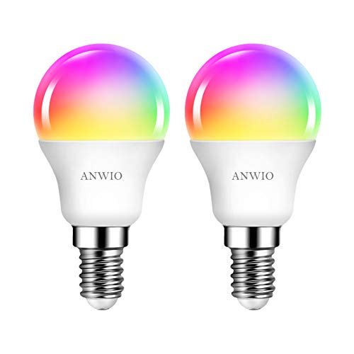ANWIO Alexa Smart Glühbirnen, E14 Wlan LED Lampen Dimmbar Glühbirne 5W 470LM+2700-6500K+RGB 16 Millionen Farben, App Steuern Kompatibel mit Alexa/Google Home, Bluetooth, Sprachsteuerung, 2 Pack von ANWIO