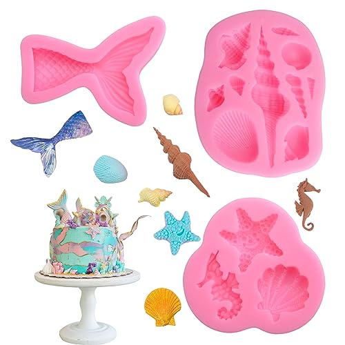 3 stück Silikonform Meerjungfrau Fondantform,3D Ozean Tier Meerjungfrau Silikonform, Formen Fondant Meerjungfrau Muschelform Fondant Formen Schwanzform Backformen für Kuchen Schokolade SüßIgkeiten von APOMOONS