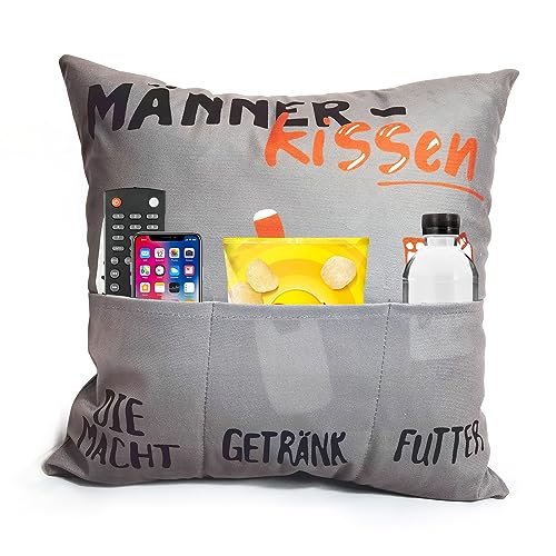 APOMOONS 45 x 45 cm Originelles Dekokissen Kissen Kissenbezug männerkissen mit Taschen für Bier Macht Snacks Lustige Männer Kissenbezug für Männer Papa Geschenk zum Geburtstag Vatertag Weihnachten von APOMOONS