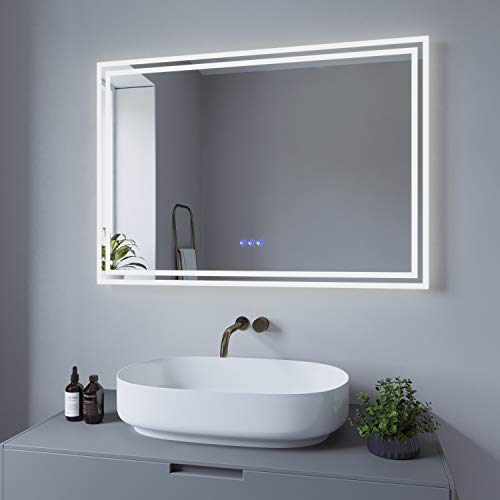 AQUABATOS 100x70 cm LED Badspiegel Wandspiegel Badezimmerspiegel mit Beleuchtung lichtspiegel Dimmbare Touch Schalter Farbtemperatur Kaltweiß 6400K Warmweiß 3000K Spiegelheizung antibeschlag IP44 CE von AQUABATOS