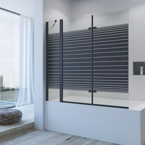 AQUABATOS Duschwand Badewanne schwarz 150 x 140 cm Badewannenaufsatz 3 Teilig faltbar Duschtrennwand Faltwand Glas Festteil mit Eckregale Badewannenfaltwand Dusche 5 mm ESG Klarglas Nano Beleuchtung von AQUABATOS