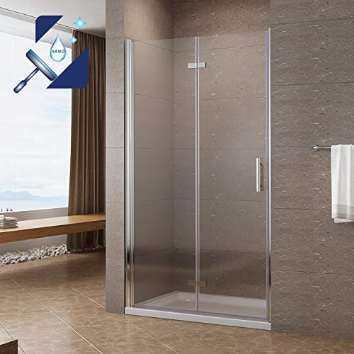 Duschtür Glas rahmenlos 90 x 195 cm Nischentür Dusche faltbar Falttür Nische Duschabtrennung klappbar Duschwand Glas ohne rahmen Echtglas ESG 6 mm mit Nanobeschichtung Verstellbereich 89-91,5 cm von AQUABATOS