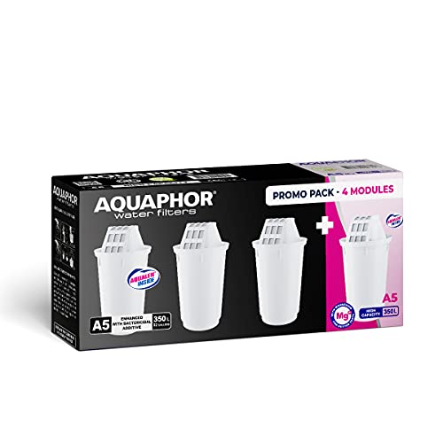 AQUAPHOR 4X Wasserfilterkartuschen (3X A5 Plus 1x A5 Magnesium). Kompatibel mit Filterkannen Arctic, Prestige, Provence 350 Liter Kapazität. AQUALEN TM Technologie. von AQUAPHOR
