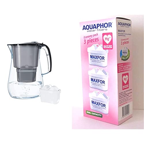 AQUAPHOR B218 Wasserfilter Onyx schwarz inkl. 1 MAXFOR+ Filterkartusche - Premium-Wasserfilter in Glasoptik, 4,2 l & MAXFOR (B25) Mg Pack 3 Filterkartusche, weiß, 200 l von AQUAPHOR