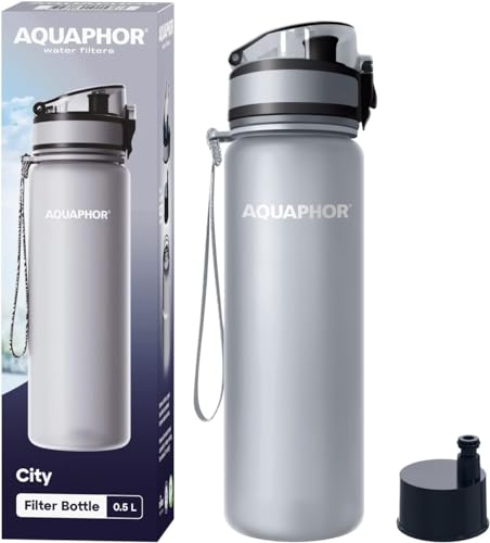 AQUAPHOR City Filterflasche 500ml Grau I Flasche mit Wasserfilter für unterwegs I Filter mit Aktivkohle I Filtert Chlor I Aus Tritan & BPA-frei I Für besseren Geschmack & Geruch des Wassers von AQUAPHOR