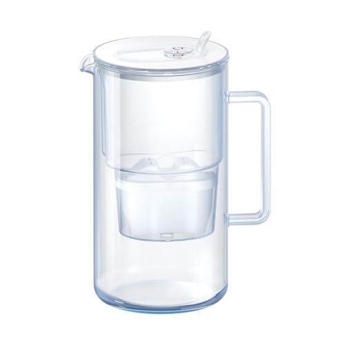 AQUAPHOR Glas-Wasserfilterkanne Weiß inkl. 1 MAXFOR+ Filter I Karaffe im Glas Design mit leicht befüllbaren Klappdeckel I Reduziert Kalk, Chlor & Mikroplastik I Eleganter Wasserfilter 2,5l von AQUAPHOR