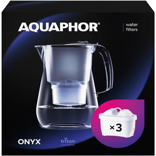 AQUAPHOR Wasserfilter Onyx Schwarz inkl. 3 MAXFOR+ Filter I 4,2L Wasserfilter in Glasoptik I Karaffe I Reduziert Kalk & Chlor I Perfekt für die Familie I Premium Qualität I Stylischer Behälter von AQUAPHOR