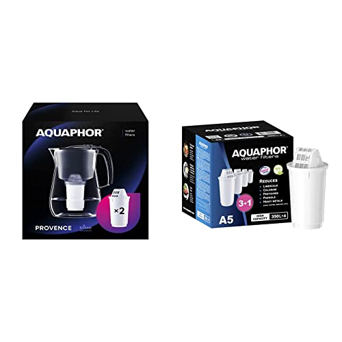 AQUAPHOR Wasserfilter Provence Schwarz inkl. 2 A5 Filter mit Magnesium I Karaffe für 4,2l I Großer WasserfiIter in Glasoptik & Filterkartusche A5 Pack 3+1 I Filtert Kalk & Chlor von AQUAPHOR