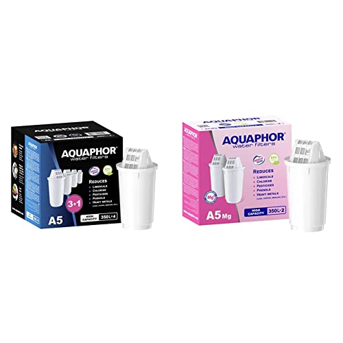 Aquaphor Filterkartusche A5 Pack 3+1 - mit AQUALEN Technologie, gegen Kalk, Chlor & weitere Stoffe im Leistungswasser & A5 Mg Pack 2 Wasserfilterkartuschen für Tischwasserfilter Provence, 350 l von AQUAPHOR