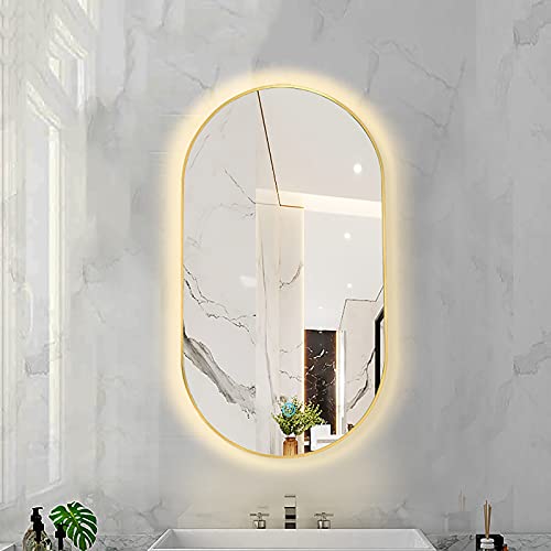 Ovaler LED-beleuchteter Badezimmerspiegel, Wandmontierter Schminkspiegel mit Demister-Auflage, 3 Dimmbare Farbtemperaturen und Touch-Steuerung, Metallrahmen ( Color : Golden Frame , Size : 40X70CM ) von ARHAMS