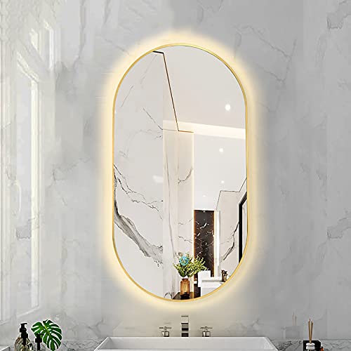 Ovaler LED-beleuchteter Badezimmerspiegel, Wandmontierter Schminkspiegel mit Demister-Auflage, 3 Dimmbare Farbtemperaturen und Touch-Steuerung, Metallrahmen ( Color : Golden Frame , Size : 50X100CM ) von ARHAMS