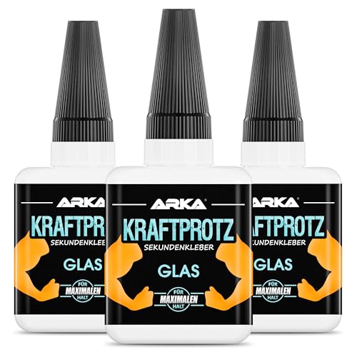 ARKA 3x 50 g GLAS Sekundenkleber extra stark | Inkl. Anti-Austrocknung-Spitze | KRAFTPROTZ | Flüssiger Superkleber | Wasserfest | Transparenter Glaskleber von ARKA