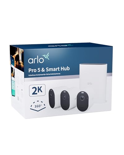 Arlo Pro 5 Überwachungskamera + USB-Stick SmartHub, 2K+ HDR Video, Kabellos, Verbesserte Farbnachtsicht, 160° Blickwinkel, Spotlight, 2-Wege Audio, Alarm Sirene + Arlo Secure Testzeitraum, 3er Set von ARLDE