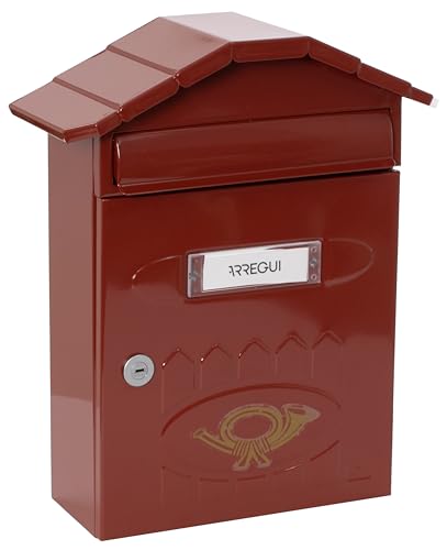 ARREGUI Villa E5002 Briefkasten aus Verzinktem Stahl, Größe M (DIN A4 Post), Wandbriefkasten für den Außenbereich, Postkasten für Draußen mit Namensschild, Einwurfklappe und Schutzdach, dunkelrot von ARREGUI