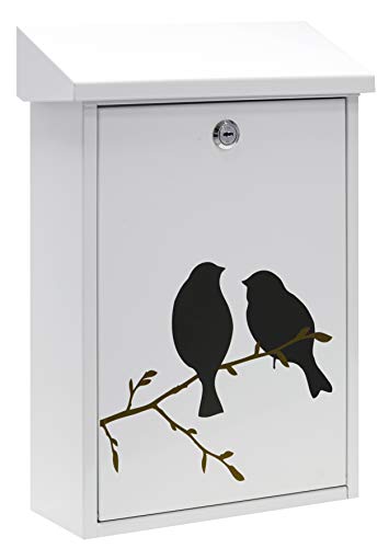 ARREGUI Premium E5601-BIR Briefkasten aus Verzinktem Stahl, mit im Siebdruck lackiertem Vogel - Motiv Birds, Größe M (DIN A4 Post), Wandbriefkasten für Draußen mit Einwurfklappe, Weiß mit Schwarz von ARREGUI