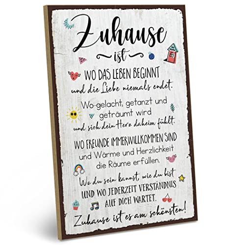 ARTFAVES® Holzschild mit Spruch - Zuhause ist wo das Leben beginnt | Shabby Chic Vintage Schild | Deko Geschenk zum Thema Familie, Zuhause, Liebe | Größe: 19 x 28 cm von ARTFAVES