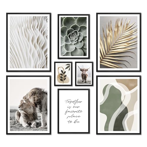 ARTFAVES® Poster Set - ABSTRACT NATURE - mehrteilige Wanddeko Wohnzimmer & Schlafzimmer - 8 moderne Wandbilder Abstrakt, grün, Löwe, beige, gold, Natur - mit Rahmen Schwarz von ARTFAVES