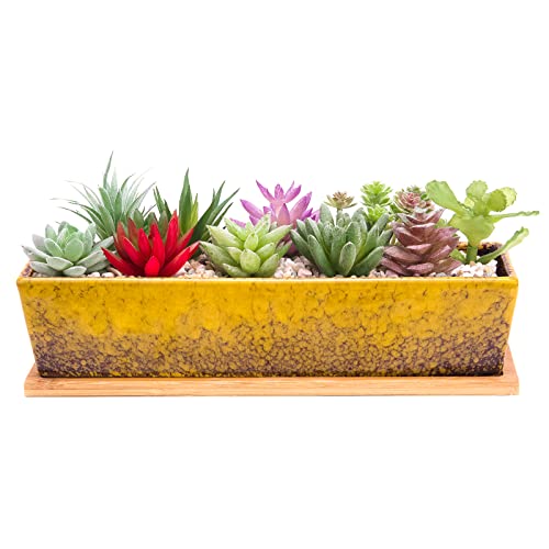 Sukkulenten-Blumentöpfe, 30 cm lang, rechteckig, Sukkulenten-Blumentöpfe mit Drainage, Bambusschalen, große Keramik-Kaktus-Blumenpflanzen für Innen- und Außenpflanzen, Heimdekoration, Gelb von ARTKETTY