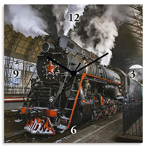 ARTLAND Wanduhr ohne Tickgeräusche Leinwand Quarzuhr 30x30 cm Quadratisch Lautlos Lokomotive Eisenbahn Retro Antik Klassisch S6AU von ARTLAND