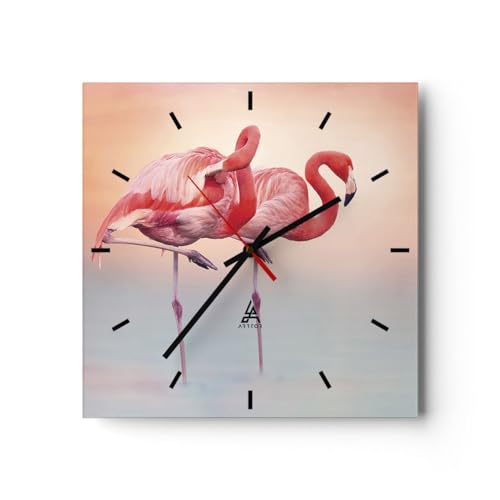 Modern Wanduhr Flamingos Exotik Vögel 30x30cm Quadrat Klein Wand Uhr Glas Analog Zimmeruhren Küche Büro Wohnzimmer Glasuhr Wall Clock Dekoration Design Wanddekoration Küchenuhr C3AC30x30-5044 von ARTTOR