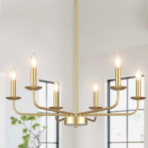 ASHUAQI Kronleuchter Gold 6 Flammige Modern Wohnzimmerlampe Klassische Kerze Kronleuchter Vintage, Metall Pendelleuchte Esstisch mit E14 Fassung, Lampe für Wohnzimmer Schlafzimmer Küche Esszimmer Flur von ASHUAQI