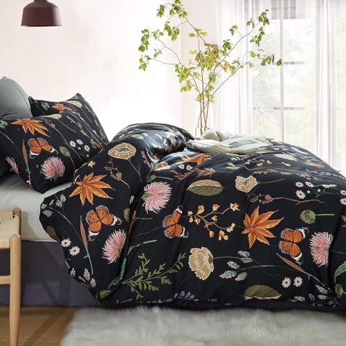 AShanlan Bettwäsche 135x200 Blumen Pflanzenmuster Schwarz Bettbezug Set Bunt Pflanzen Schmetterling Microfaser Deckenbezug mit Reißverschluss und Kissenbezug 80x80 cm von AShanlan