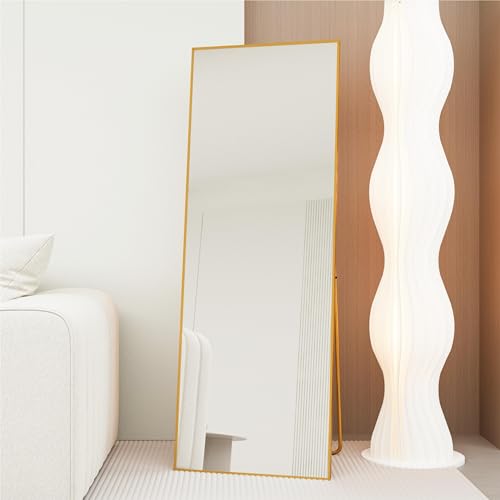 AUFHELLEN Ganzkörperspiegel 140x50cm mit Golden Metallrahmen Standspiegel HD Groß Wandspiegel mit Haken für Wohn-, Schlaf- und Ankleidezimmer Spiegel von AUFHELLEN